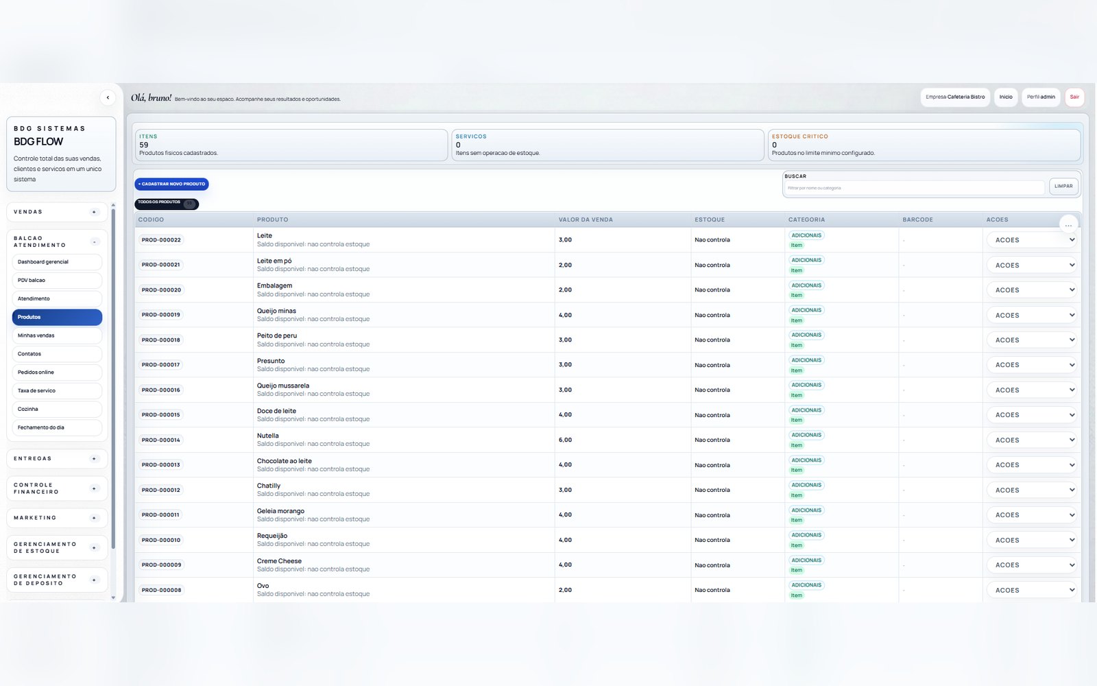 Controle de produtos e estoque do BDGFlow