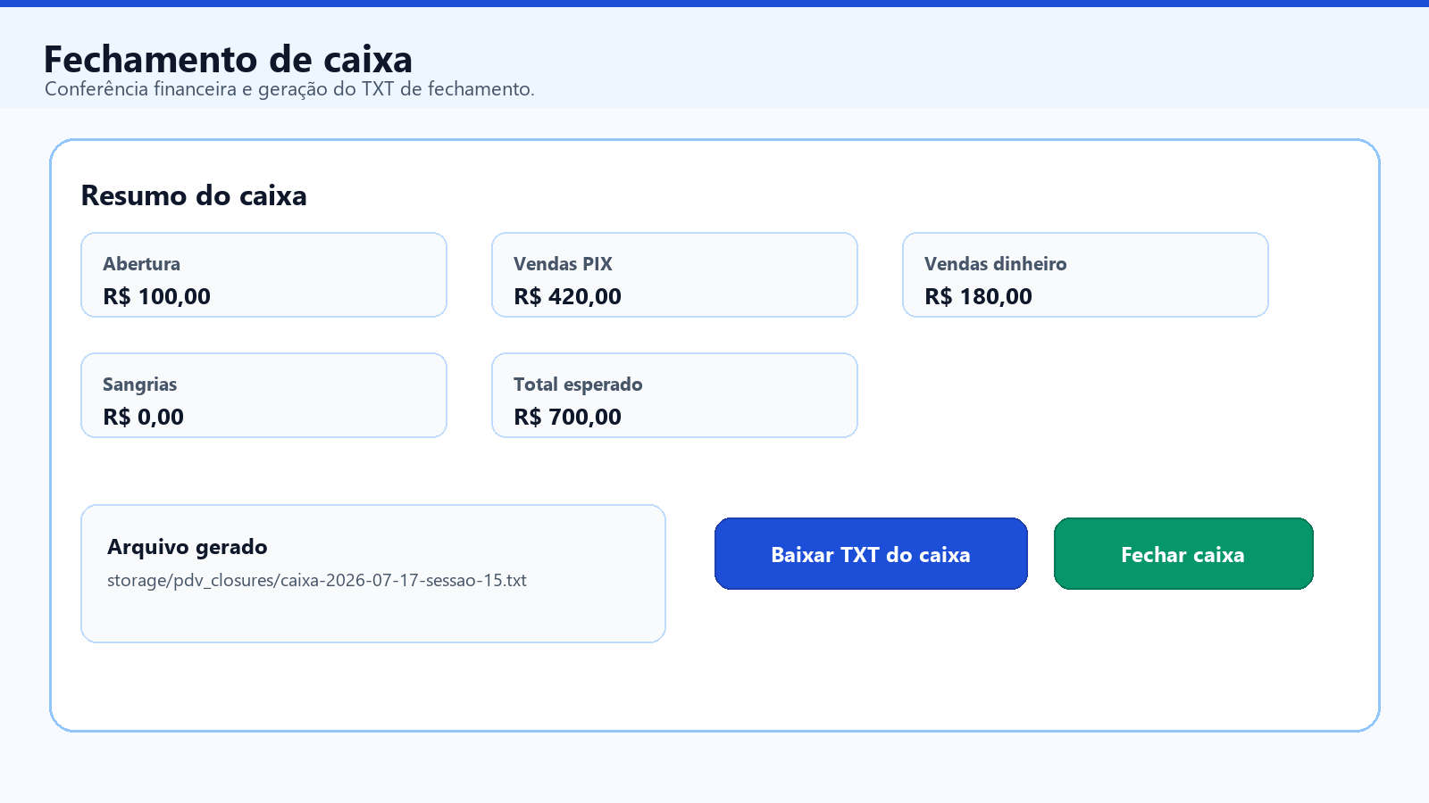 Tela de fechamento de caixa do BDGFlow